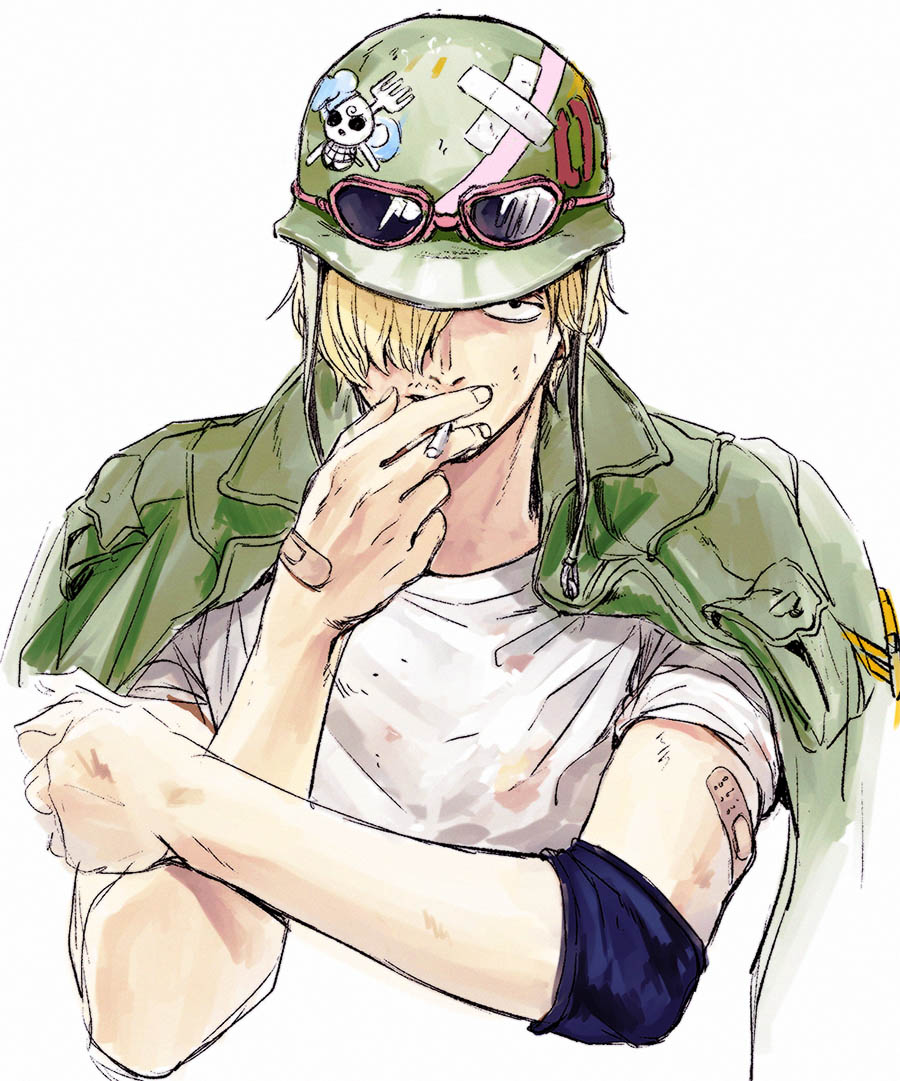 1boy, arm_up, bandaid, bandaid_on_arm, blonde_hair, chief_(chiefvinsmoke), cigarette, combat_helmet