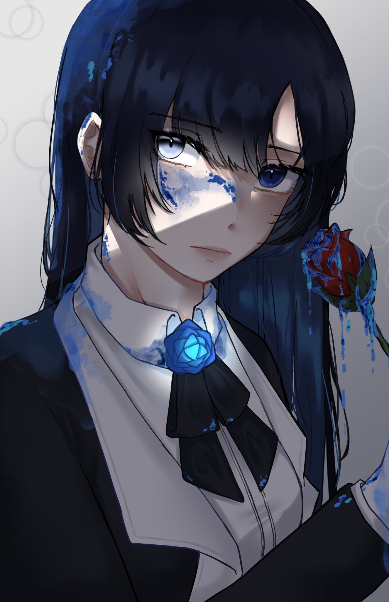 1girl, ado_(utaite), anon_(an_one_12), black_bow, black_bowtie, black_coat, black_hair, blue_eyes