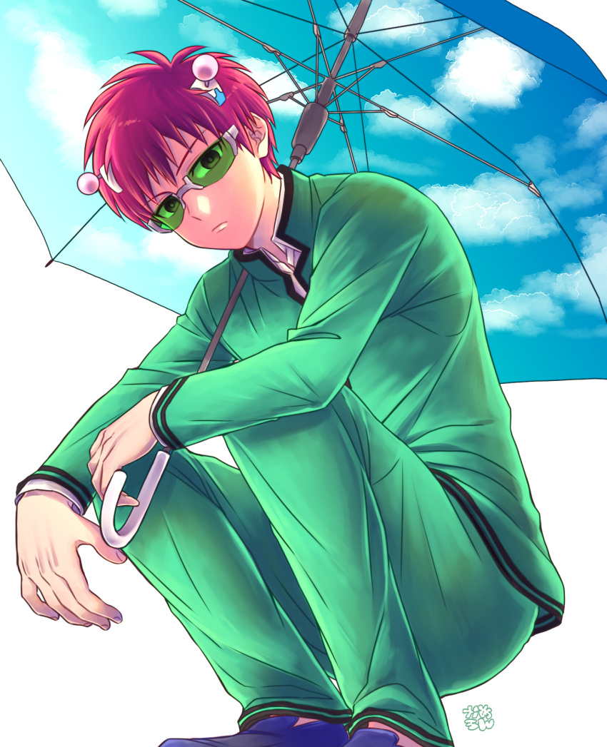 1boy, antennae, blue_footwear, cloud_print, full_body, glasses, green-tinted_eyewear, highres