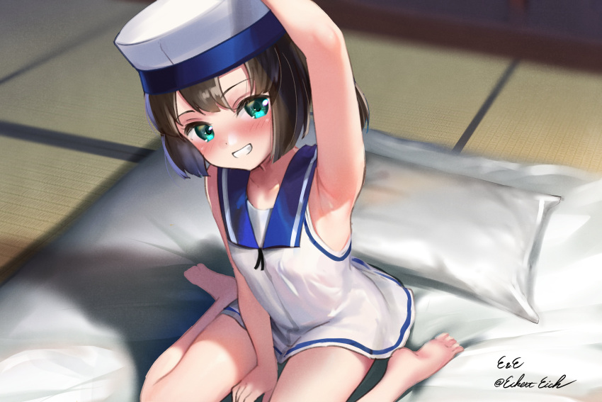 1girl, absurdres, adapted_costume, aqua_eyes, artist_name, barefoot, black_hair, blue_sailor_collar