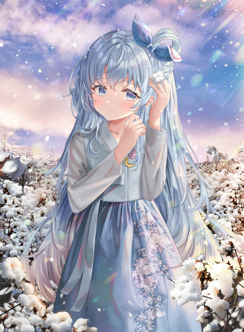 1girl, absurdres, arme_(cgsy7484), blue_eyes, blue_hair, blue_jacket, blue_ribbon, blue_skirt, blush, braid, brooch, closed_mouth, commission, cotton_(plant), crescent_brooch, day, floral_print, grey_vest, hair_between_eyes, hair_ribbon, hanbok, hands_up, highres, jacket, jewelry, korean_clothes, korean_commentary, light_smile, long_hair, long_sleeves, looking_to_the_side, original, outdoors, print_skirt, ribbon, second-party_source, single_hair_ring, skirt, solo, very_long_hair, vest, yuksi_(yuksi)
