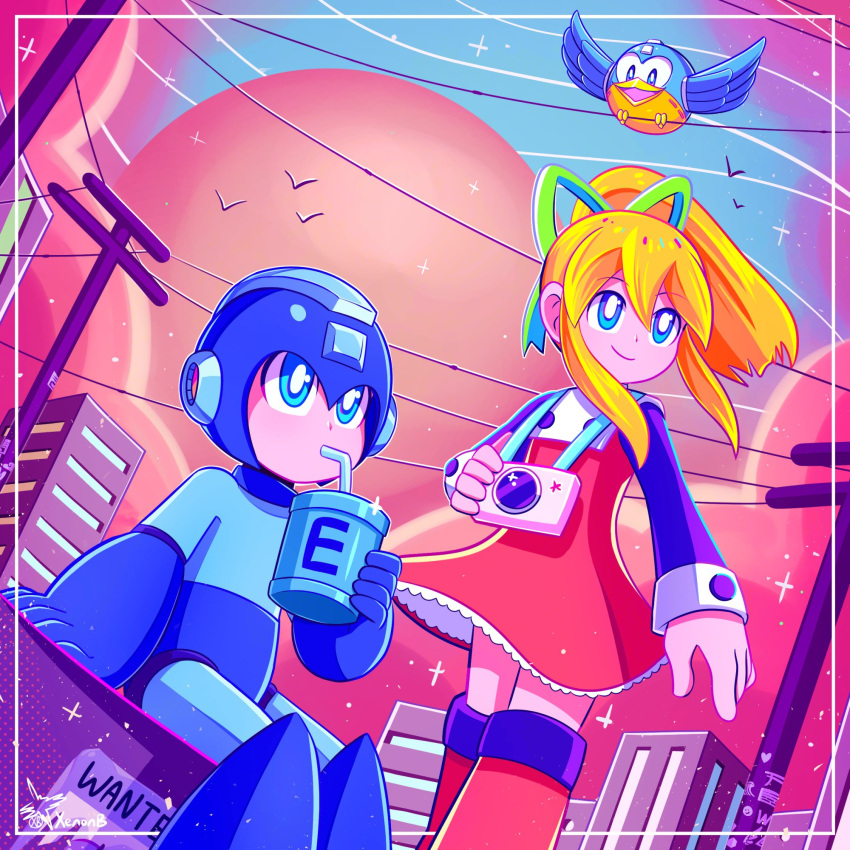 1boy, 1girl, beat_(mega_man), bird, blonde_hair, blue_eyes, blue_headwear, camera