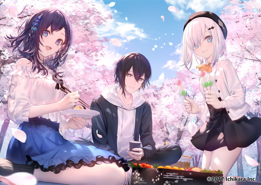 1boy, 2girls, :d, aiba_uiha, ars_almal, ascot, asymmetrical_sidelocks, beret