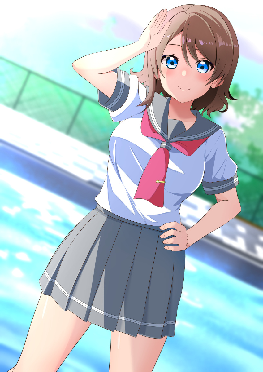 1girl, absurdres, blue_eyes, blush, breasts, brown_hair, commentary_request, commission, grey_sailor_collar, grey_skirt, hand_on_own_hip, highres, kisaragi_setsu_(mssk8485), light_blush, looking_at_viewer, love_live!, love_live!_sunshine!!, medium_breasts, necktie, pixiv_commission, pleated_skirt, pool, red_necktie, sailor_collar, salute, school_uniform, serafuku, shirt, short_hair, short_sleeves, skirt, smile, solo, tie_clip, uranohoshi_school_uniform, watanabe_you, white_shirt