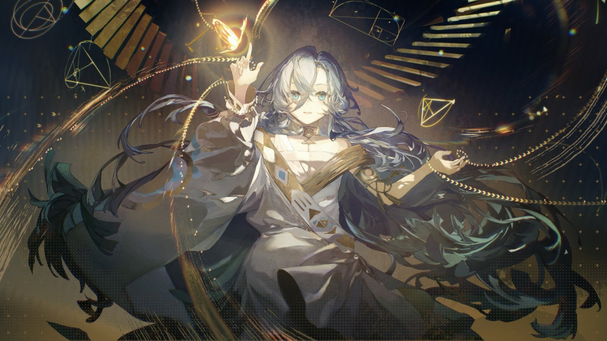 1girl, 37_(reverse:1999), ancient_greek_clothes, blue_eyes, blue_hair, bug, butterfly, cowboy_shot