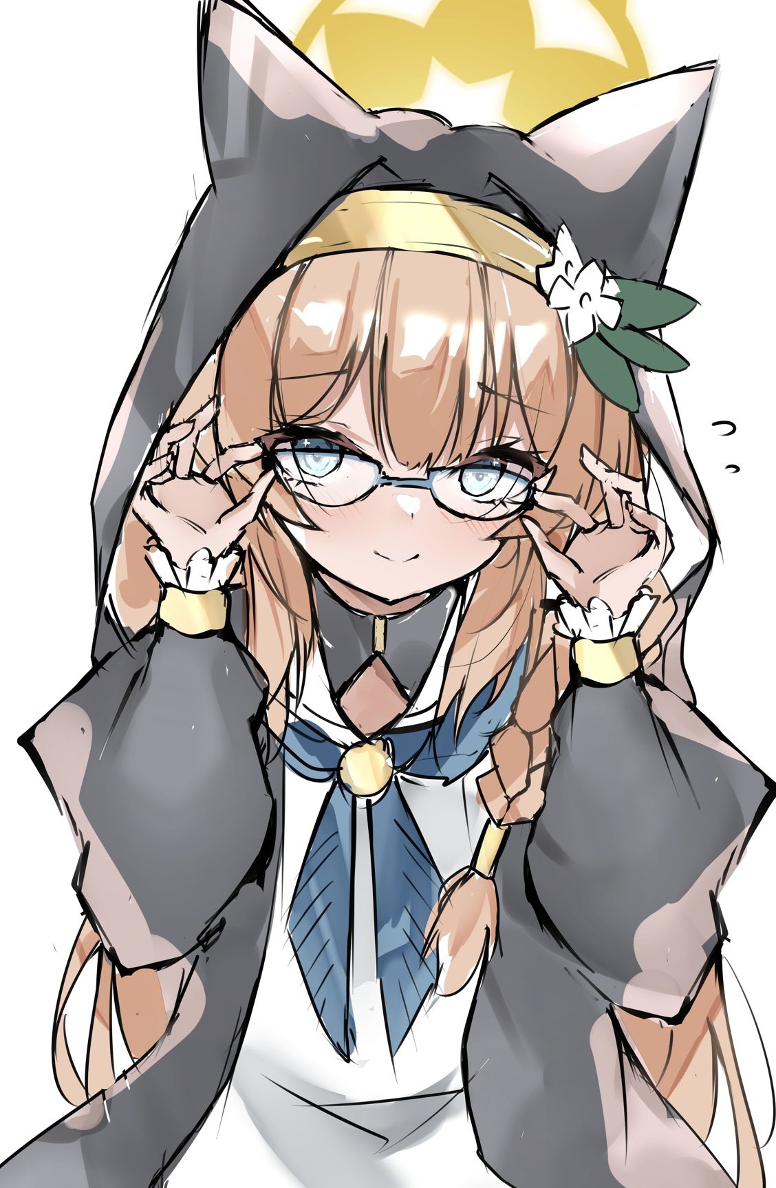 1girl, animal_ears, black_headwear, black_robe, blue_archive, blue_eyes, braid, brown_hair