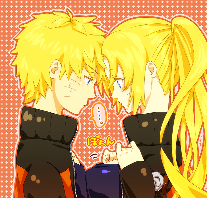 asymmetrical_docking, blonde_hair, blue_eyes, breast_press, breasts, dual_persona, genderswap, naruko