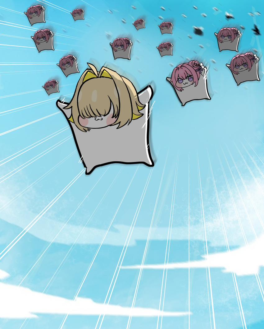 6+girls, :3, absurdres, ahoge, blonde_hair, blue_sky, blush_stickers, chibi
