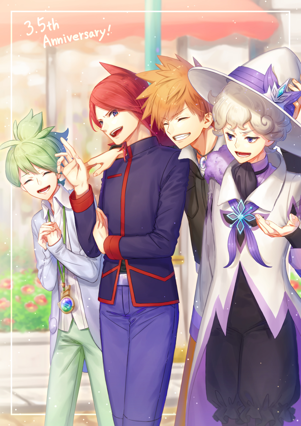 4boys, arm_around_shoulder, bede_(champion)_(pokemon), bede_(pokemon), blue_oak, closed_eyes, curly_hair, green_hair, grey_hair, hat, highres, jewelry, light_brown_hair, male_focus, multiple_boys, noshigi_(nosi_gi), official_alternate_costume, own_hands_together, pendant, pokemon, pokemon_hgss, pokemon_masters_ex, pokemon_oras, redhead, silver_(pokemon), standing, teeth, violet_eyes, wally_(pokemon), witch_hat