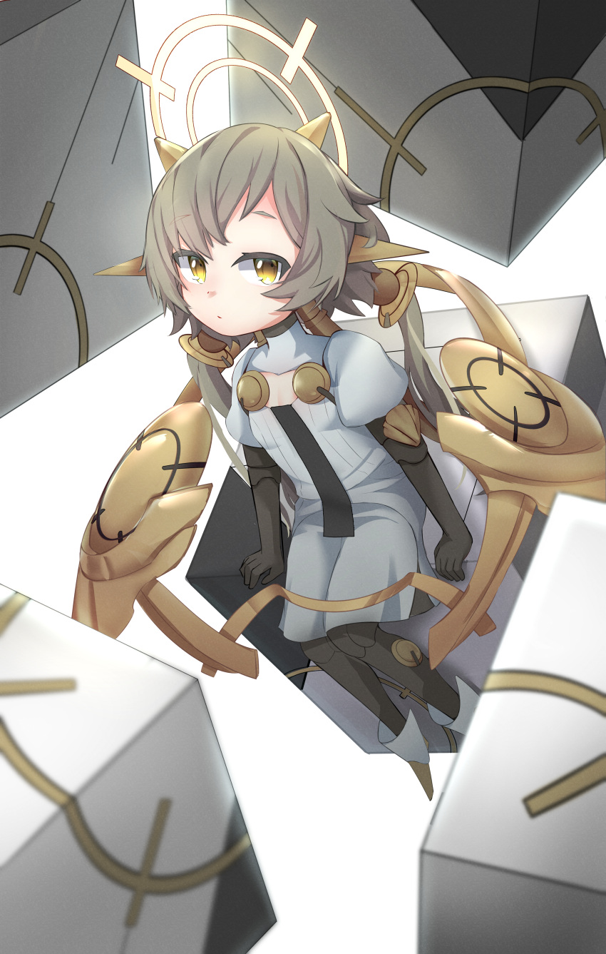 1girl, absurdres, akaruii_31, alchemy_stars, black_gloves, black_pants, brown_hair, center_opening, closed_mouth, cube, dress, elbow_gloves, enlightener_(alchemy_stars), eyebrows_hidden_by_hair, feet_out_of_frame, flat_chest, floating, gloves, hair_ornament, halo, highres, long_hair, looking_at_viewer, pants, pointy_footwear, solo, turtleneck_dress, twintails, white_dress, yellow_eyes