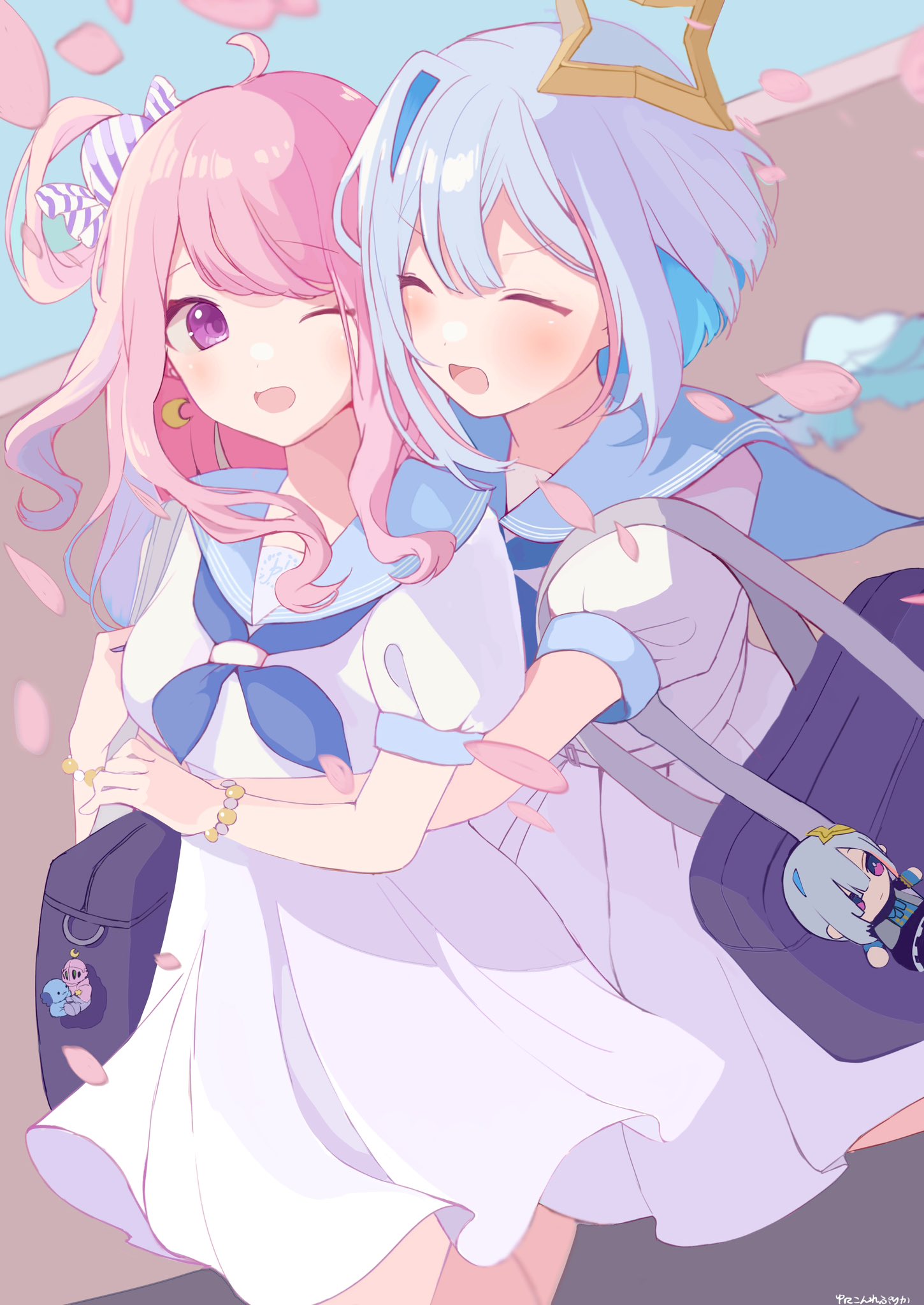 2girls, ahoge, amane_kanata, angel_wings, bag, belt, blue_neckerchief, blue_sailor_collar
