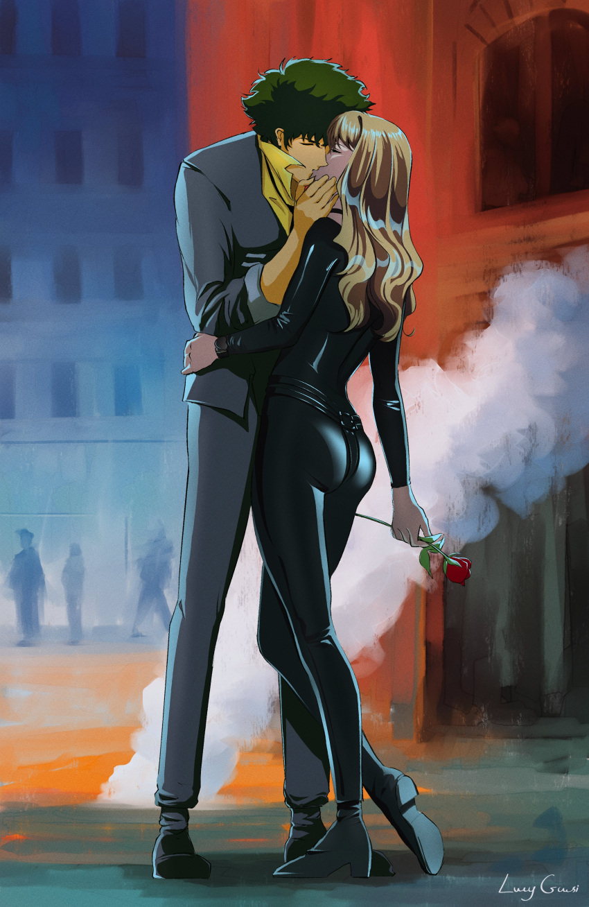 1boy, 1girl, absurdres, artist_name, ass, blonde_hair, catsuit, couple