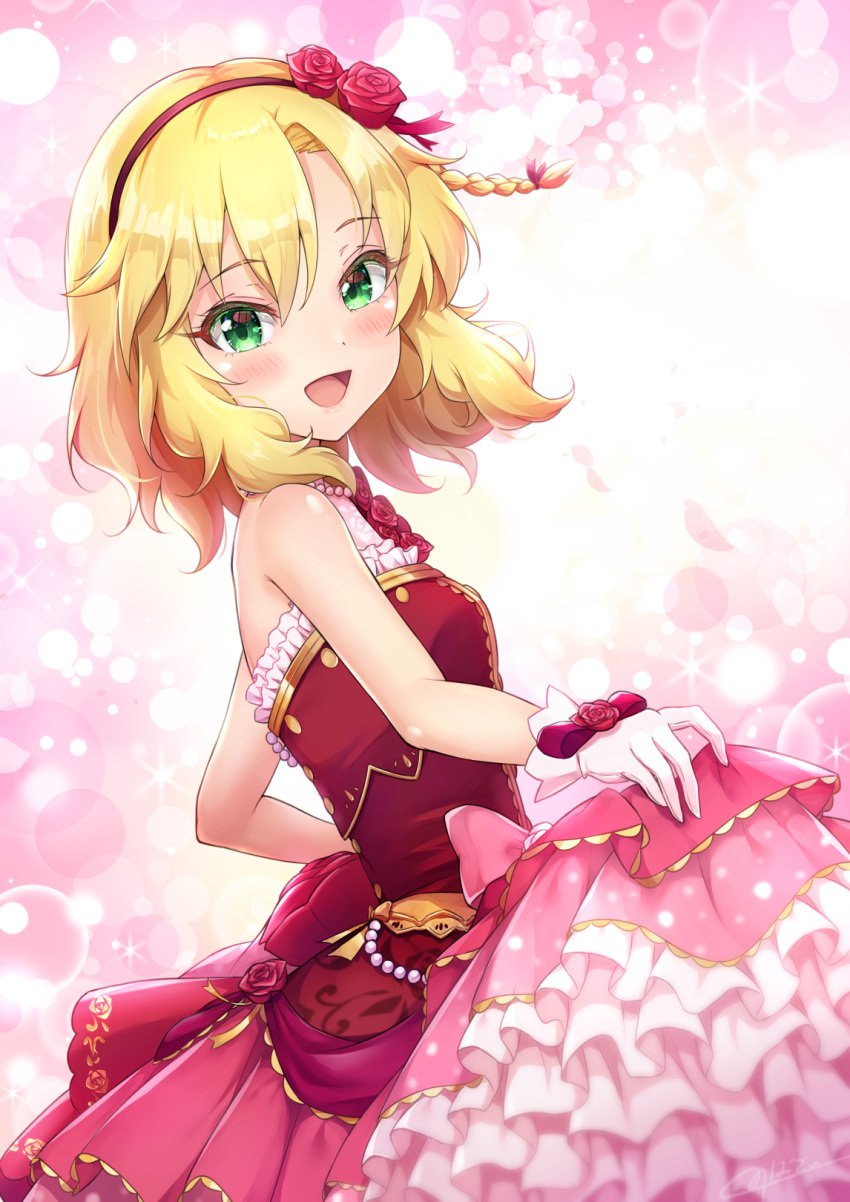 1girl, :d, blonde_hair, blush, bow, braid, breasts, commentary_request