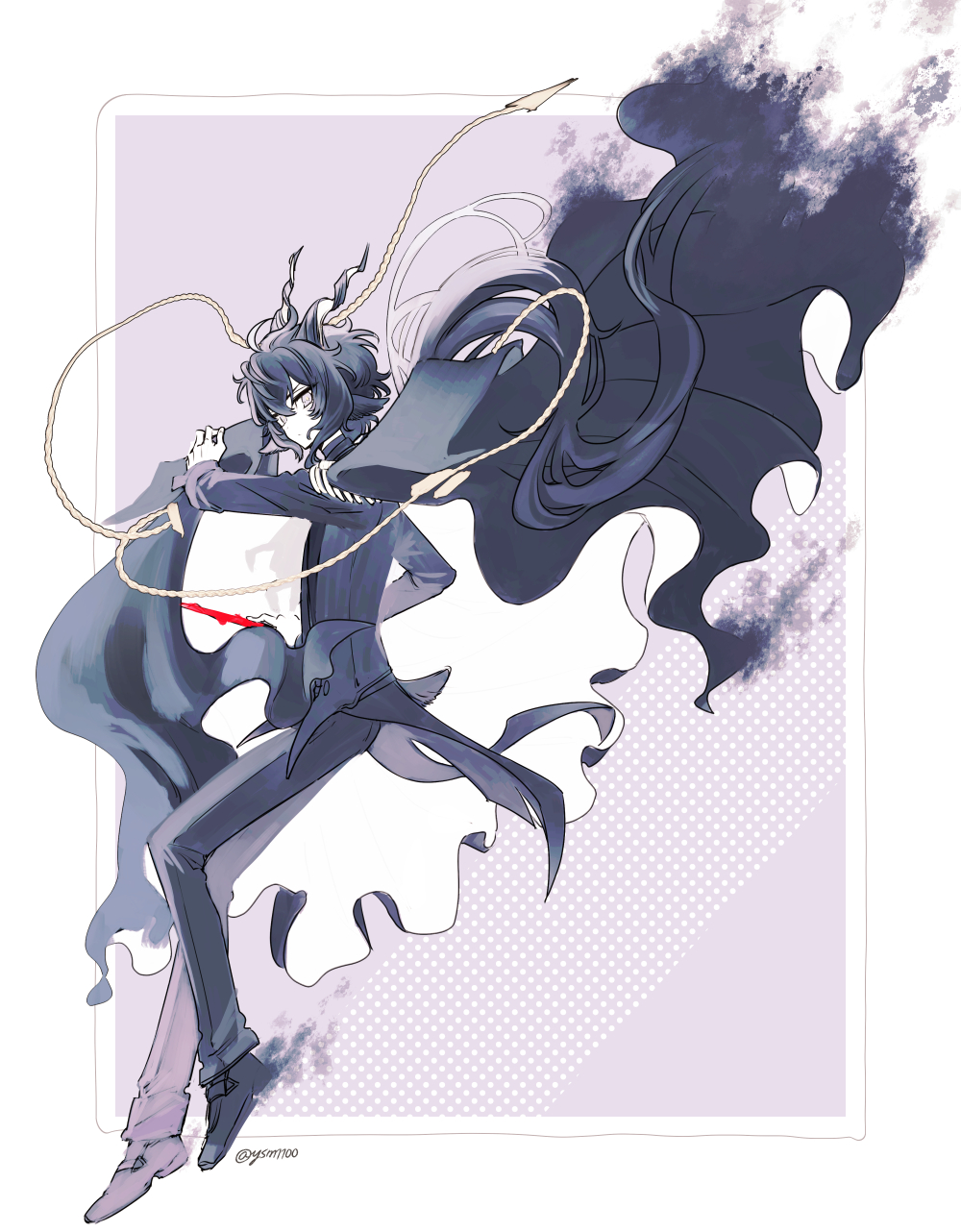 1boy, animal_ears, arknights, black_cape, black_coat, black_footwear, black_hair, black_pants