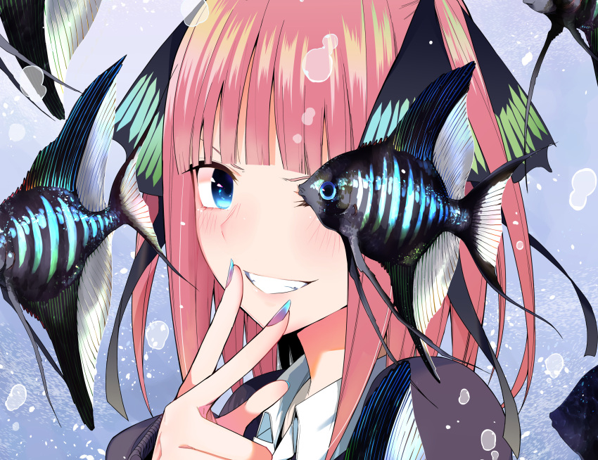 1girl, absurdres, air_bubble, black_ribbon, blue_eyes, blunt_bangs, blush, bubble