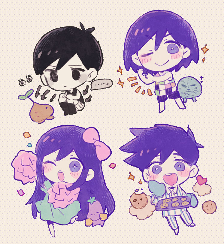 +_+, ..., 1girl, 3boys, antenna_hair, arm_up, arrow_(symbol), aubrey_(headspace)_(omori)