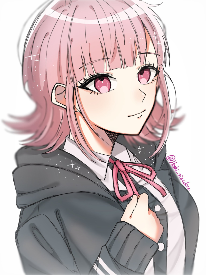 1girl, black_jacket, black_shirt, brown_hair, clenched_hand, danganronpa_(series), danganronpa_2:_goodbye_despair, grey_background