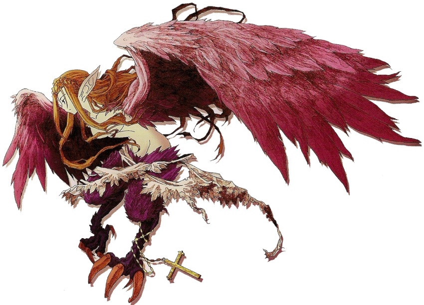 blonde_hair, claws, cross, feathered_wings, harpy, knights_in_the_nightmare, long_hair, midriff, monster_girl, mound_of_venus, navel, no_shirt, payot, piche, pointy_ears, profile, solo, spoilers, topless, wings