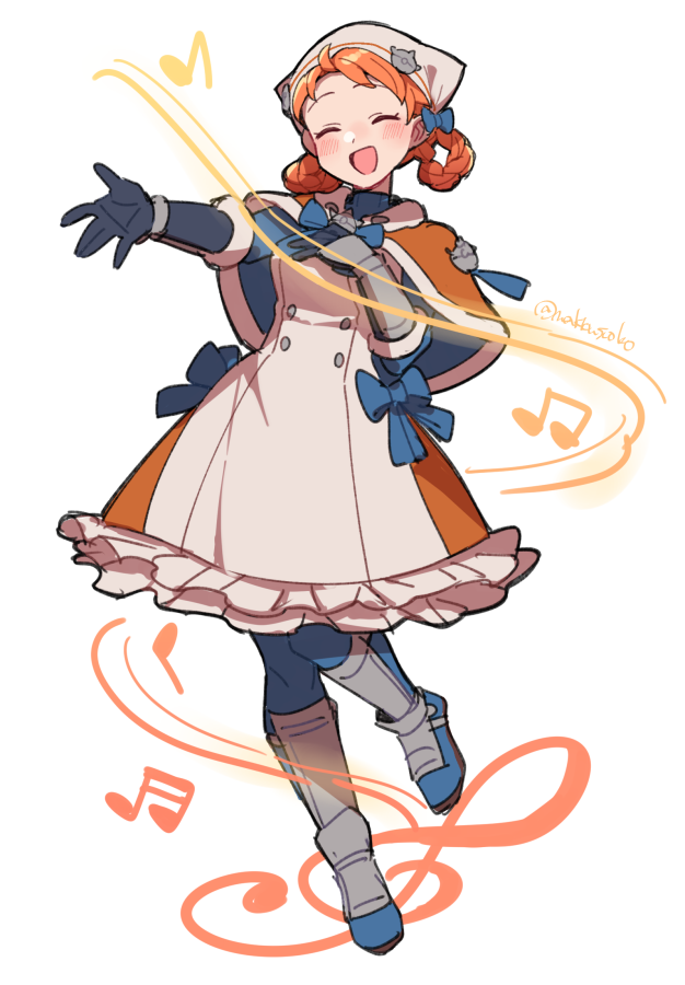 1girl, annette_fantine_dominic, annette_fantine_dominic_(winter), artist_name, braid, ckised, do_m_kaeru, dress, fire_emblem, fire_emblem:_three_houses, fire_emblem_heroes, gloves, hair_rings, music, musical_note, official_alternate_costume, official_alternate_hairstyle, orange_hair, singing, smile, solo, twin_braids, twintails, vambraces, white_background, white_dress