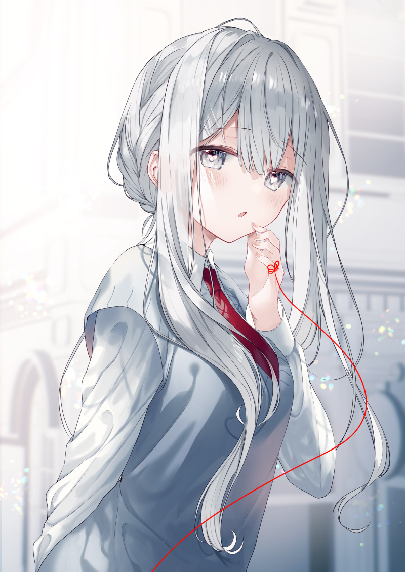 1girl, :o, blush, braid, building, cardigan, collared_shirt, commentary_request