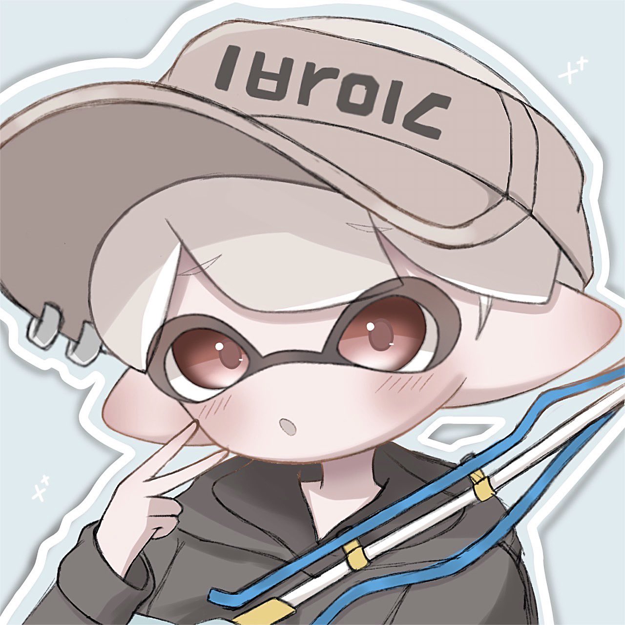 1boy, :o, black_hoodie, blue_background, commentary, furrowed_brow, grey_hair, grey_headwear