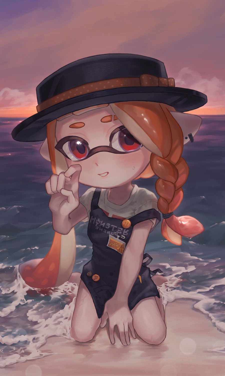 1girl, apron, asymmetrical_hair, badge, barefoot, beach, black_apron, boater_hat