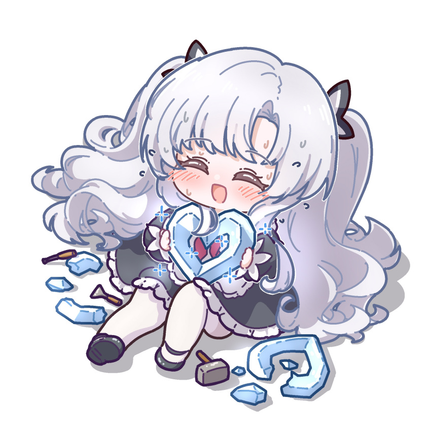 1girl, azur_lane, black_footwear, black_ribbon, blush, chibi, chisel, closed_eyes