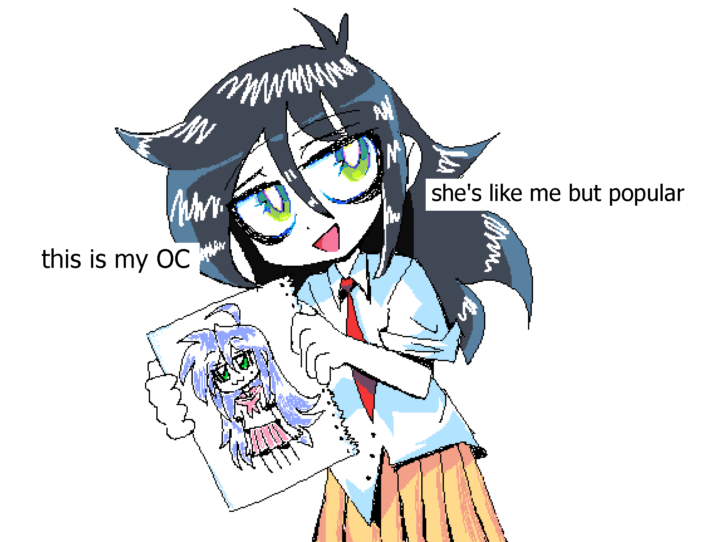 1girl, :3, ahoge, bags_under_eyes, black_hair, blue_hair, bright_pupils, drawing_(object)