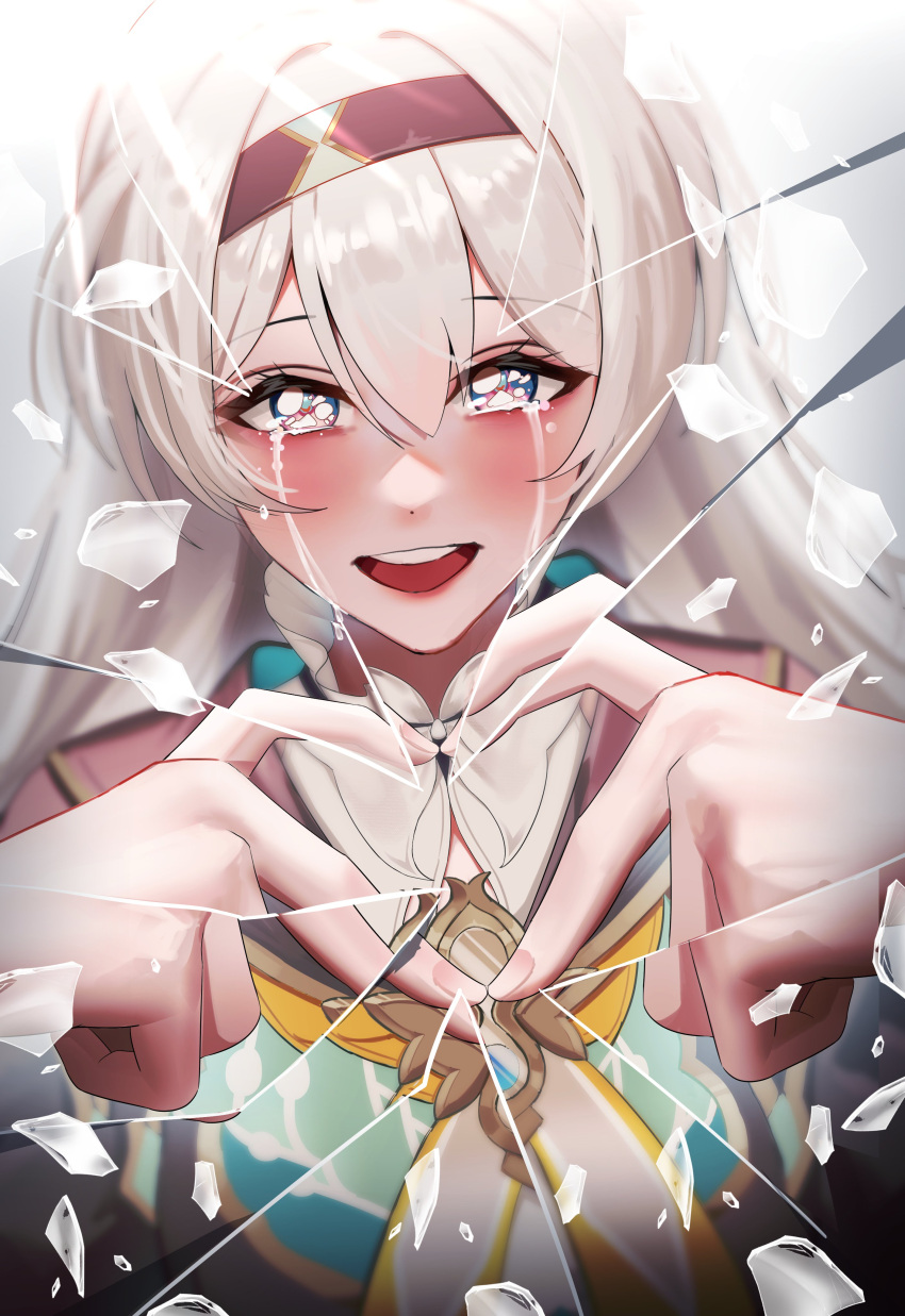 1girl, :d, absurdres, anoreika_tomoe, black_hairband, blush, commentary, crying
