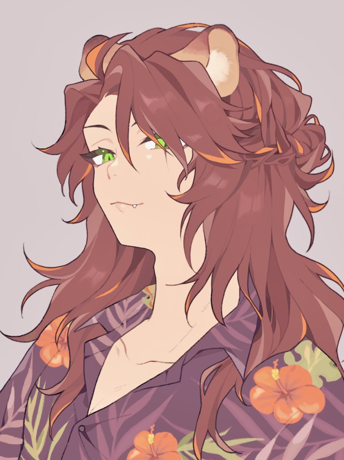 1girl, animal_ear_fluff, animal_ears, collarbone, fang, floral_print, green_eyes, grey_background