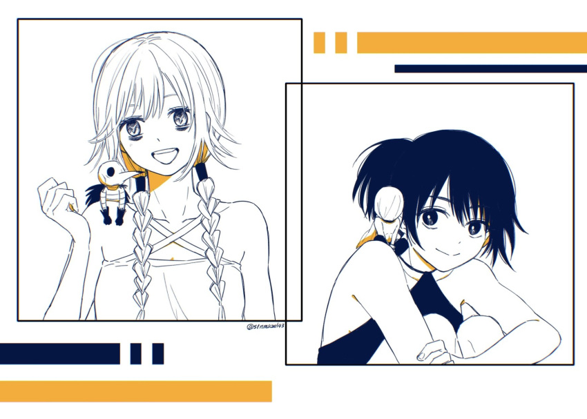 2boys, 2girls, bare_shoulders, black_hair, blonde_hair, braid, chibi, chibi_on_shoulder