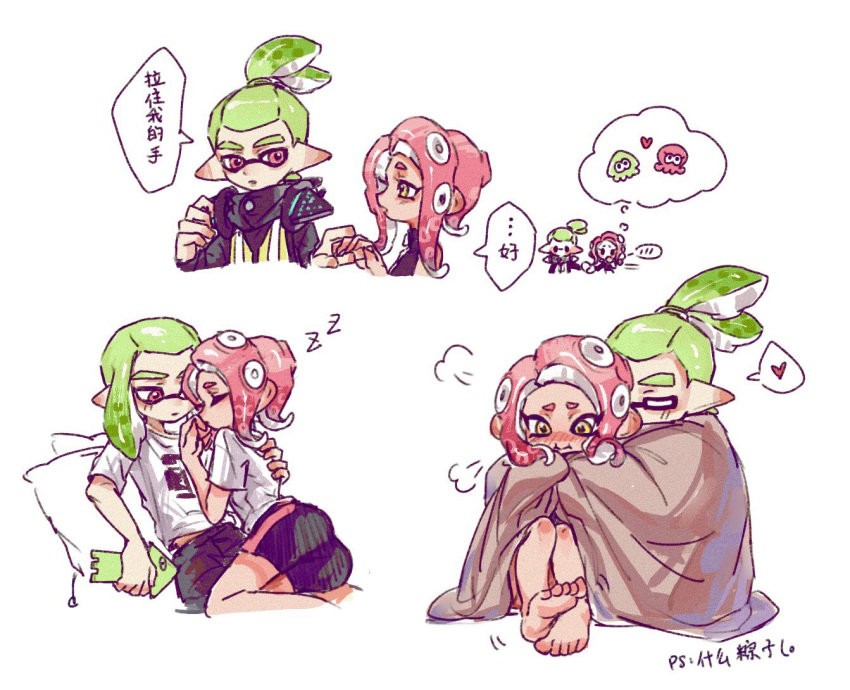 1boy, 1girl, :i, agent_3_(splatoon), agent_8_(splatoon), bike_shorts, black_shorts, blush