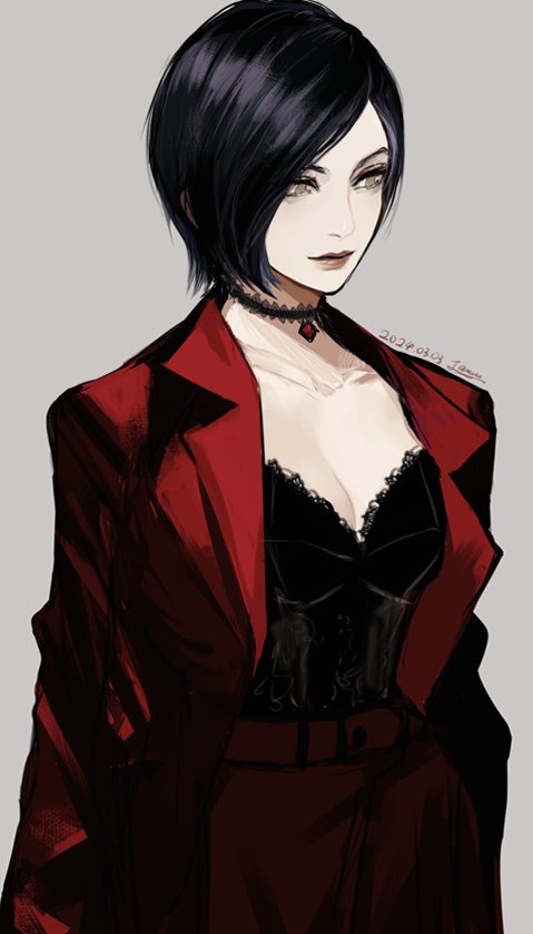 1girl, ada_wong, black_hair, bow, bowtie, breasts, brown_eyes, jacket, meow_(cindy738), red_jacket, resident_evil, ribbon, short_hair, simple_background, smile, solo, white_background
