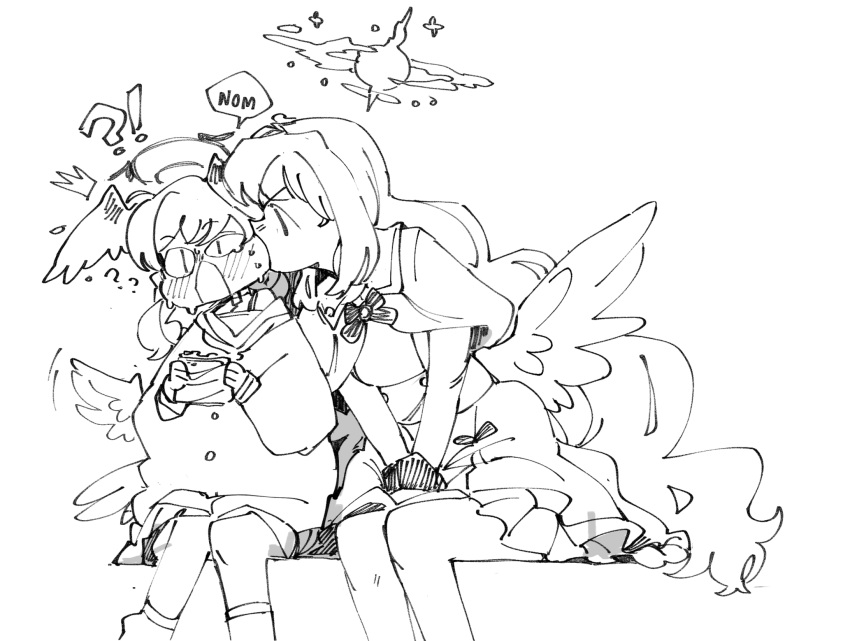 !?, <|>_<|>, 2girls, ?, biting, blue_archive, blush, capelet