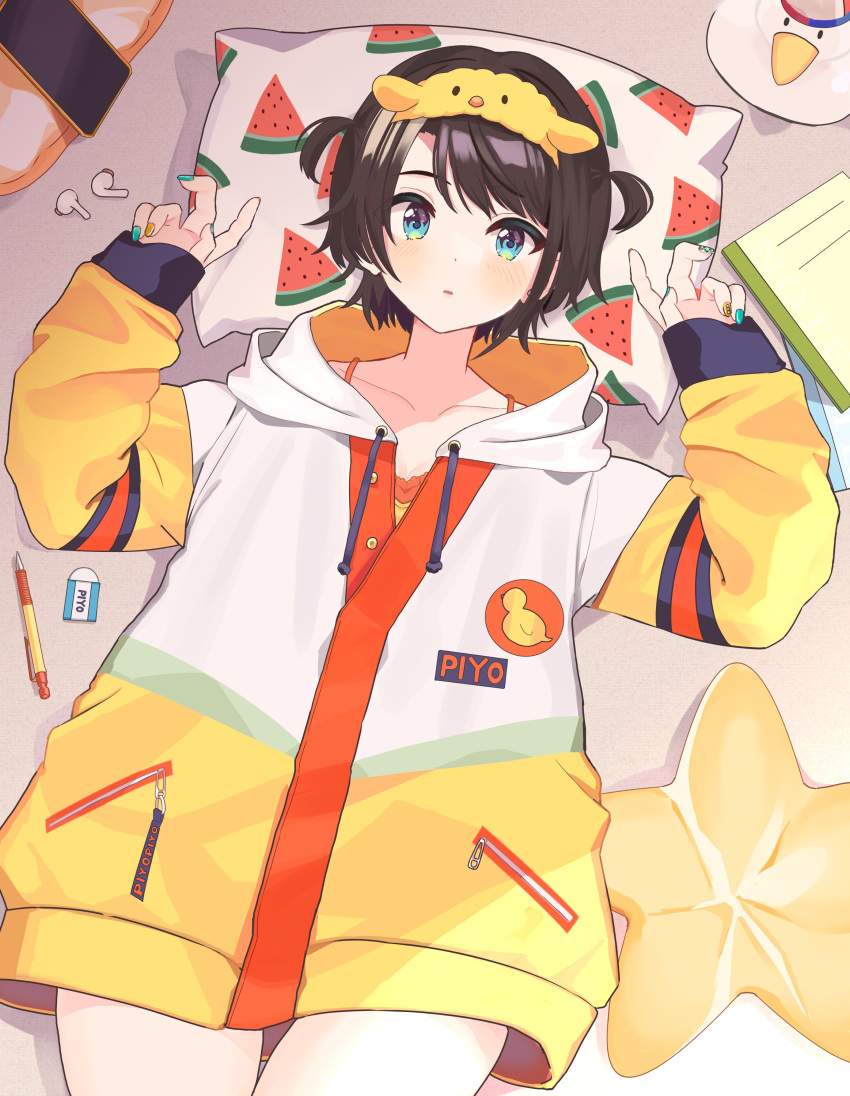1girl, absurdres, airpods, alternate_costume, alternate_hairstyle, aqua_eyes, blush, bra