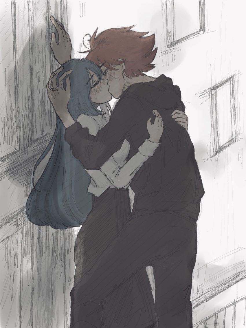321654, asano_taiyo, black_dress, black_pants, black_shirt, blue_hair, blush, couple, dress, hand_on_wall, hetero, highres, hug, indoors, kiss, long_hair, pants, redhead, shirt, sketch, white_shirt, yozakura-san_chi_no_daisakusen, yozakura_mutsumi