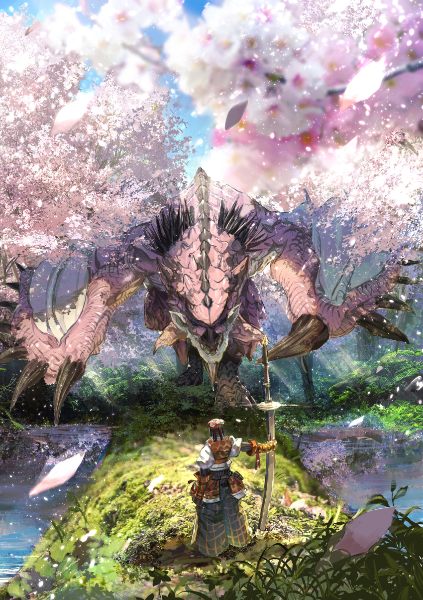 1other, absurdres, baggy_pants, cherry_blossoms, day, dragon, falling_petals, full_body