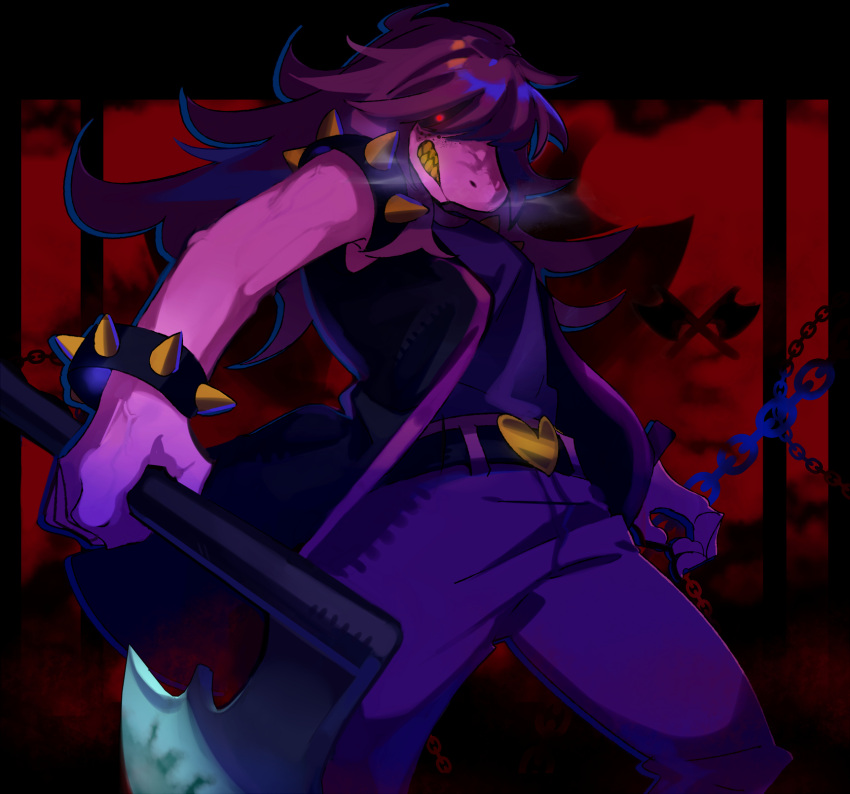 1girl, axe, belt, black_border, black_jacket, border, bracelet, breath