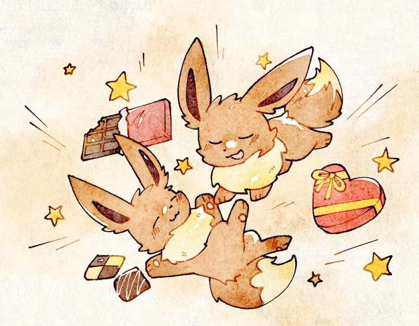 :3, :d, ^_^, blush, box, brown_background, candy, checkerboard_cookie, chocolate, chocolate_bar, closed_eyes, closed_mouth, cookie, eevee, food, heart, heart-shaped_box, highres, no_humans, open_mouth, pokemon, pokemon_(creature), simple_background, smile, star_(symbol), u_u, white_background, zugvogel_0525