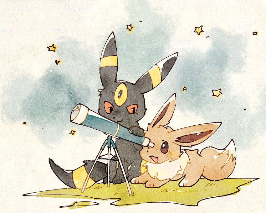 :3, :d, brown_eyes, closed_mouth, eevee, grass, highres, looking_at_another, looking_through_scope, night, night_sky, no_humans, open_mouth, pokemon, pokemon_(creature), red_eyes, sitting, sky, smile, star_(sky), star_(symbol), stargazing, telescope, umbreon, zugvogel_0525