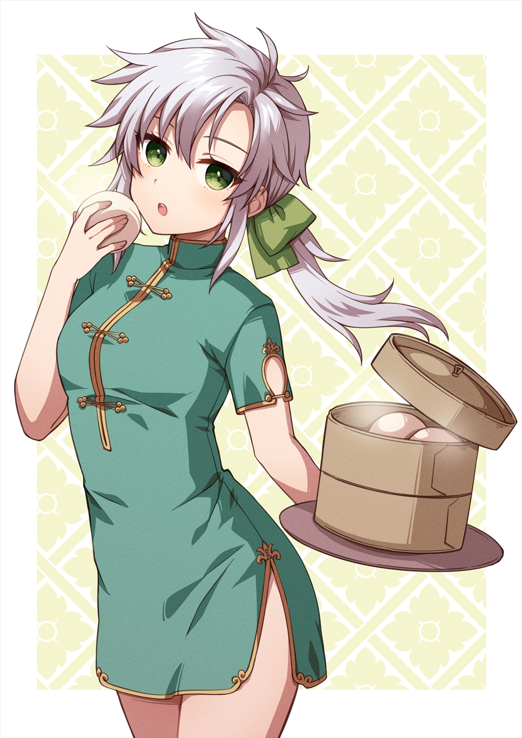 1girl, :o, aged_up, alternate_costume, alternate_hairstyle, baozi, blush, border