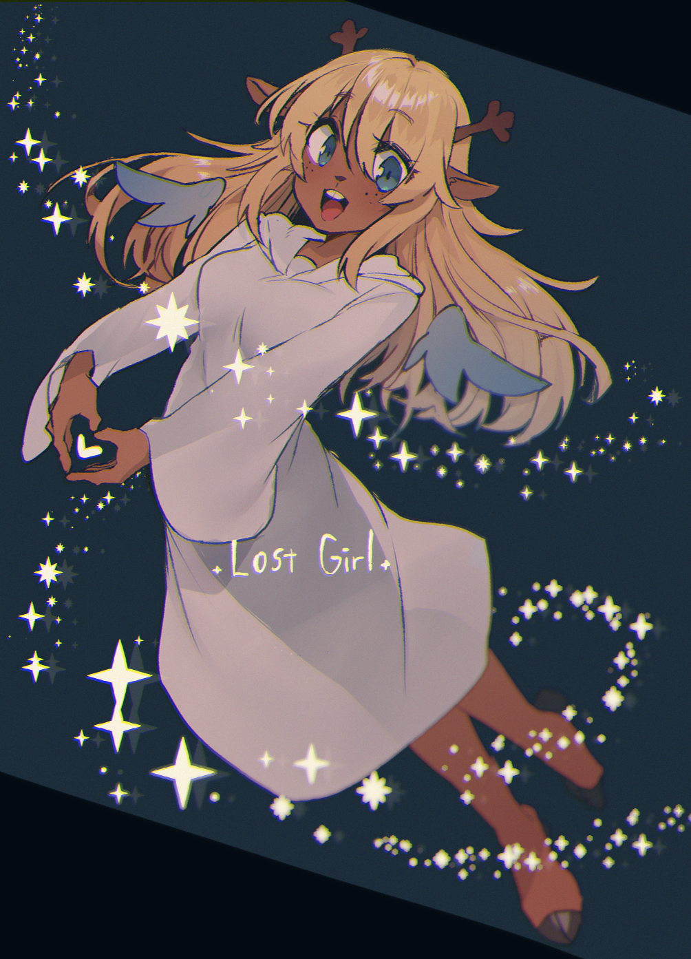 1girl, :d, animal_ears, animal_nose, antlers, barefoot, blonde_hair, blue_background