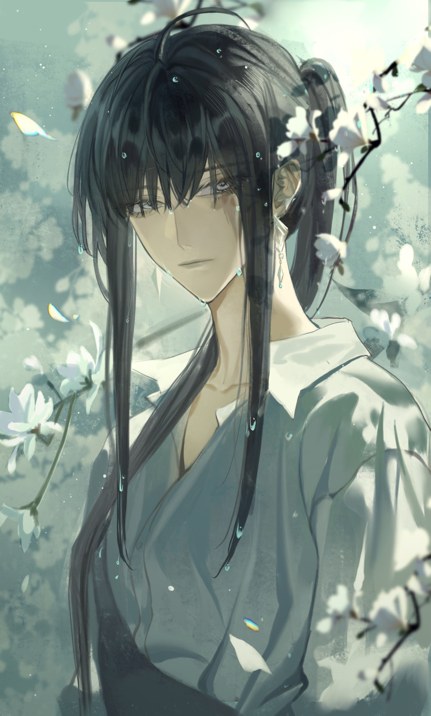 1girl, absurdres, ahoge, black_hair, branch, collarbone, collared_shirt, dangle_earrings, earrings, falling_petals, flower, from_side, grey_eyes, hair_over_eyes, highres, jewelry, long_hair, looking_at_viewer, looking_to_the_side, official_alternate_costume, path_to_nowhere, petals, ponytail, rahu_(path_to_nowhere), scar, scar_across_eye, scar_on_face, shirt, sidelocks, solo, suanliu, wet, white_flower, white_gemstone, white_petals, white_shirt