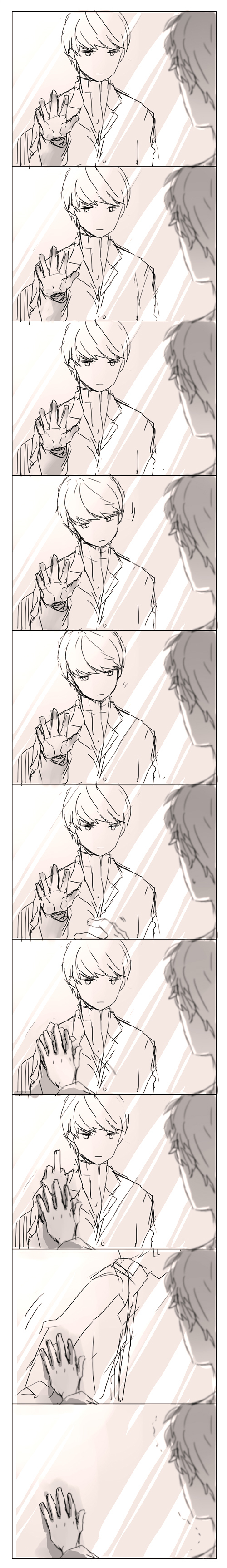 adachi_tohru, adachi_tooru, comic, highres, middle_finger, narukami_yuu, parody, persona, persona_4, recurring_image, saeuchobab, seta_souji, silent_comic, tonkotsu_ramen