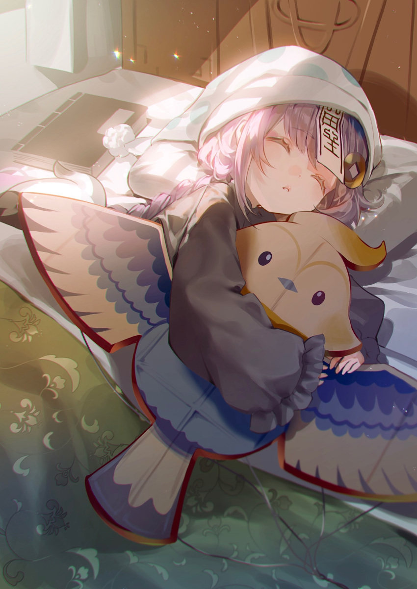 1girl, bed, black_dress, book, braid, braided_ponytail, closed_eyes, coin_hair_ornament, dress, genshin_impact, hair_ornament, hat, highres, holding_kite, jiangshi, long_hair, long_sleeves, lying, nightcap, nightgown, ofuda, ofuda_on_head, on_side, parted_lips, purple_hair, qiqi_(genshin_impact), sainome_(imveryfinethx), sleeping, solo, under_covers, white_headwear