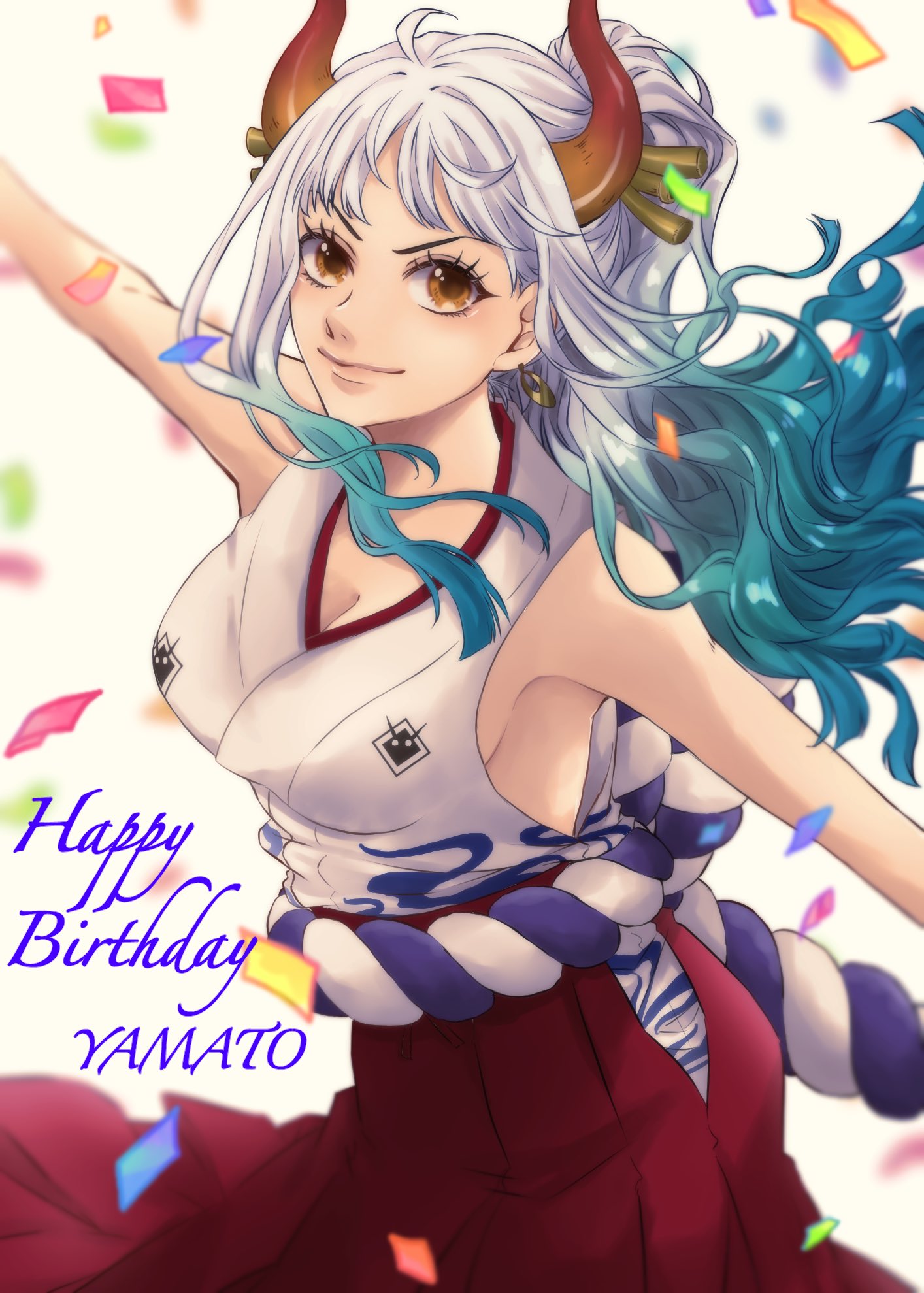 1girl, arm_up, blue_hair, commentary_request, confetti, cowboy_shot, earrings, green_hair, hair_ornament, hakama, hakama_pants, happy_birthday, highres, horns, japanese_clothes, jewelry, kimono, looking_at_viewer, multicolored_hair, one_piece, pants, ponytail, red_pants, rope, shimenawa, sleeveless, sleeveless_kimono, smile, solo, white_hair, white_kimono, yamato_(one_piece), yorozu_rkgk_m