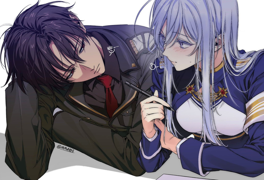 1boy, 1girl, 86_-eightysix-, blue_jacket, blush, closed_mouth, grey_eyes, high_collar