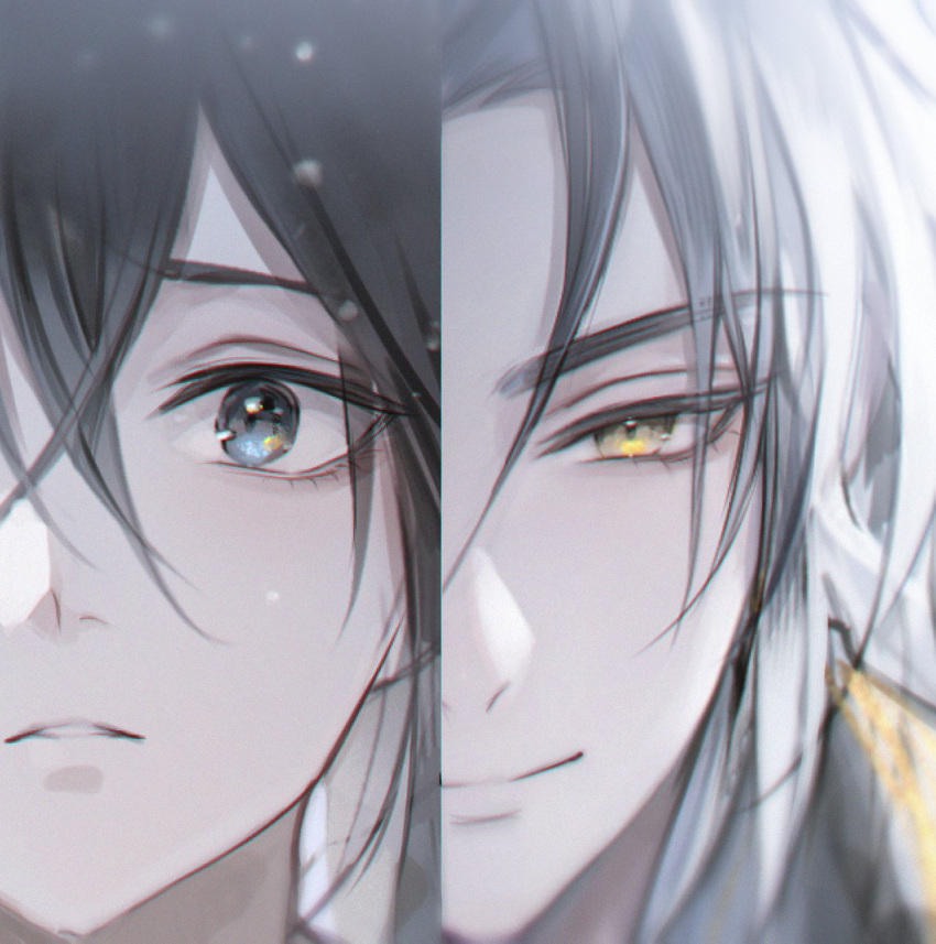 2boys, black_hair, blue_eyes, blurry, close-up, closed_mouth, crossed_bangs, depth_of_field