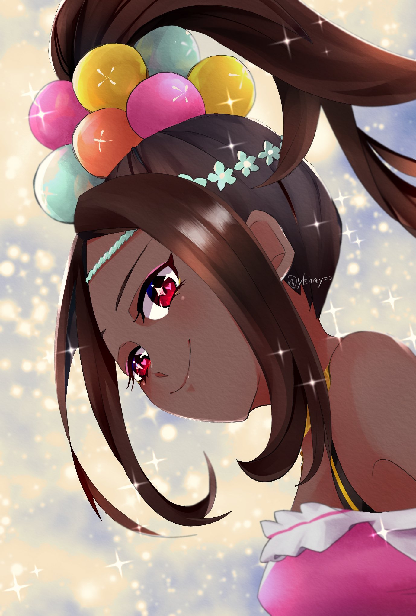 1girl, bare_shoulders, commentary_request, dark_skin, eyeliner, fire_emblem, fire_emblem_engage, high_ponytail, highres, makeup, pearl_hair_ornament, pink_eyeliner, sidelocks, smile, star-shaped_pupils, star_(symbol), symbol-shaped_pupils, timerra_(fire_emblem), very_dark_skin, yellow_eyeliner, ykhay22