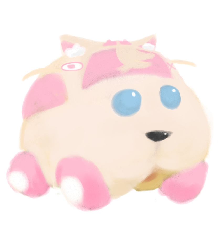 animal_ear_fluff, animal_ears, bandaid, bandaid_hair_ornament, blue_eyes, commentary_request, dog_ears, hair_ornament, highres, hololive, hololive_english, mococo_abyssgard, molcar, orangejuice13, parted_lips, pui_pui_molcar, simple_background, two_side_up, vehicalization, virtual_youtuber, white_background